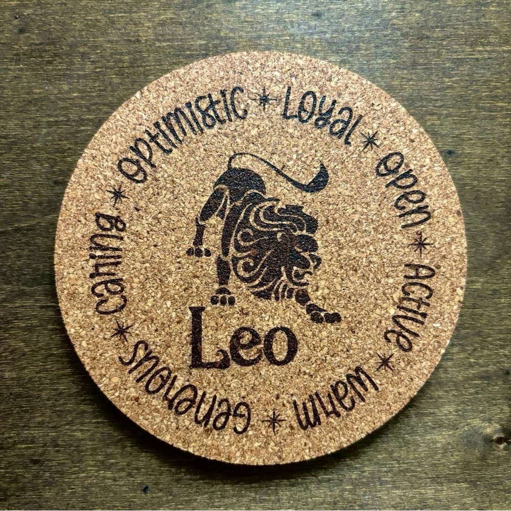 Leo Zodiac Sign Encircled Laser Engraved Cork Coaster